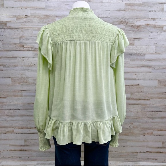 Anthropologie English Factory Mock Neck Ruffle Top Womens Size XS Green Smocked - Picture 9 of 15